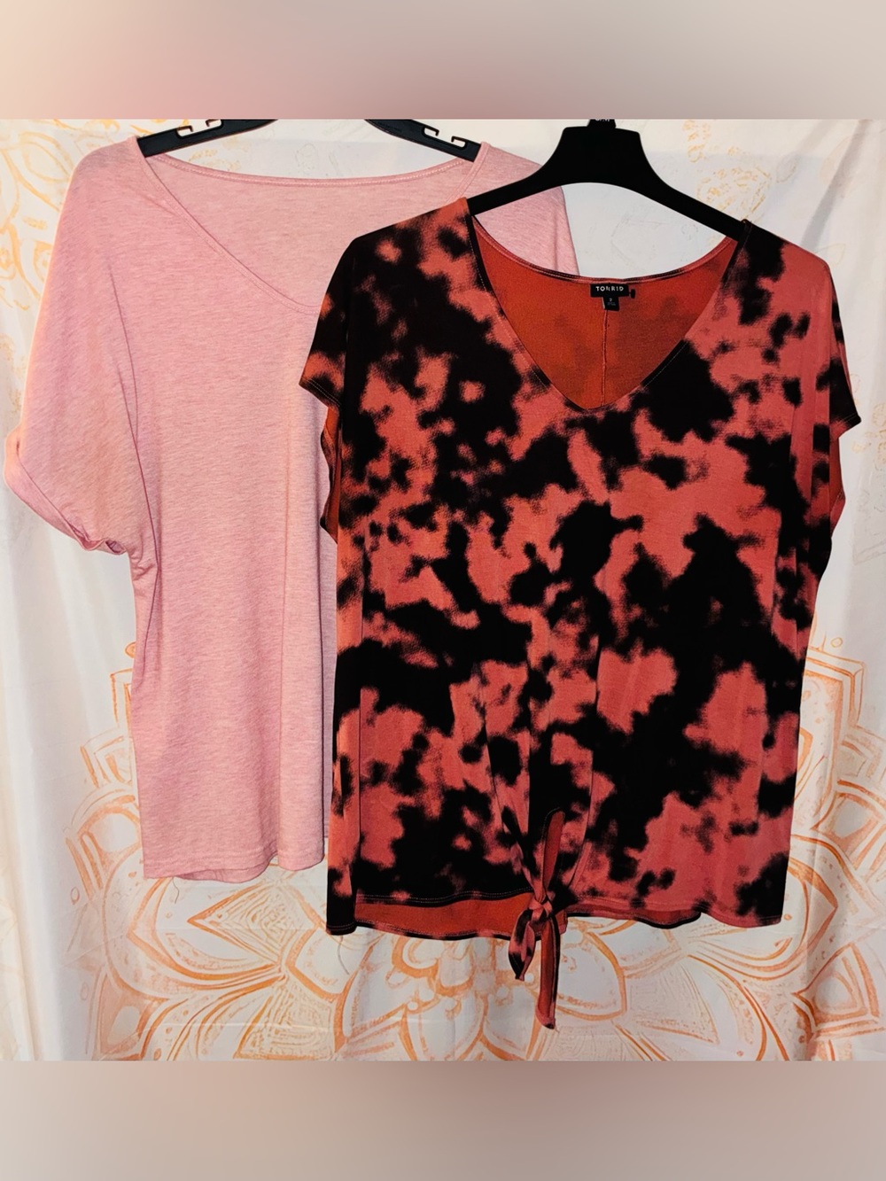 torrid Black and Dark Red Tie-Front V-Neck Top Paired w/ a Pink V-Neck Tee